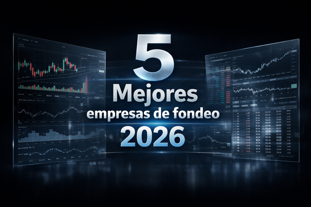 5 mejores empresas de fondeo 2026 para traders que buscan cuentas financiadas Pantallas de trading transparentes sobre fondo negro con el título 5 mejores empresas de fondeo 2026