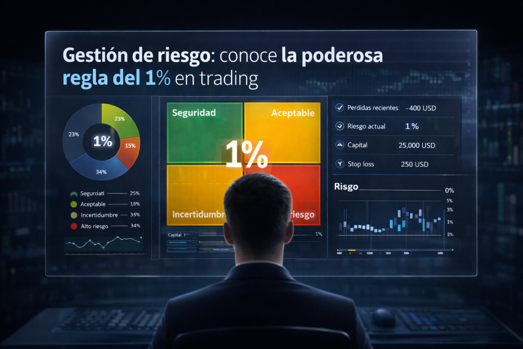 title="Gestión de riesgo en trading: la regla del 1% para proteger capital y mejorar la consistencia" Gestión de riesgo en trading pantalla profesional mostrando la regla del 1 por ciento para proteger capital