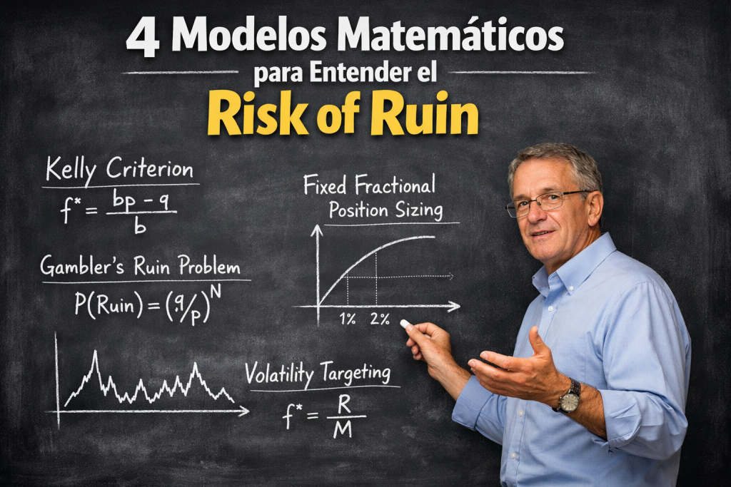 gestion del riesgo en trading 4 modelos matemáticos para entender el Risk of Ruin Gestión de riesgo en trading: investigador explicando modelos matemáticos frente a un tablero con fórmulas sobre Risk of Ruin