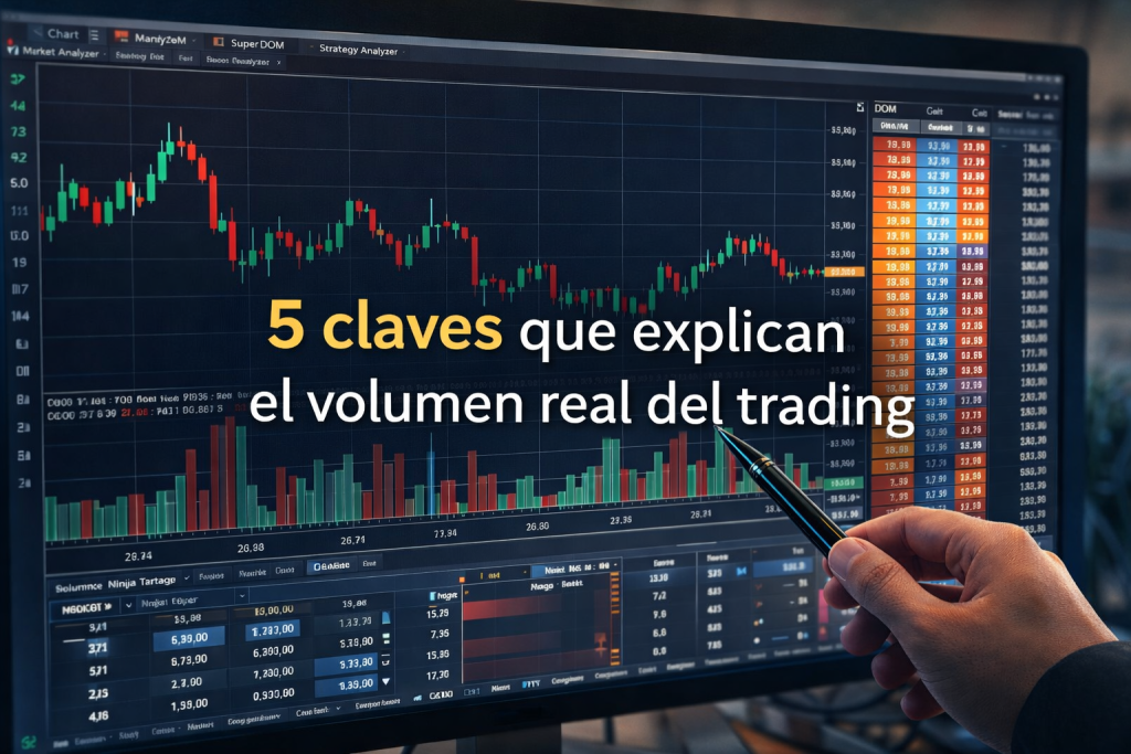 5 claves que explican el volumen real del trading en el mercado de futuros Pantalla con velas japonesas tipo NinjaTrader 8 que muestra volumen real del trading en mercado de futuros