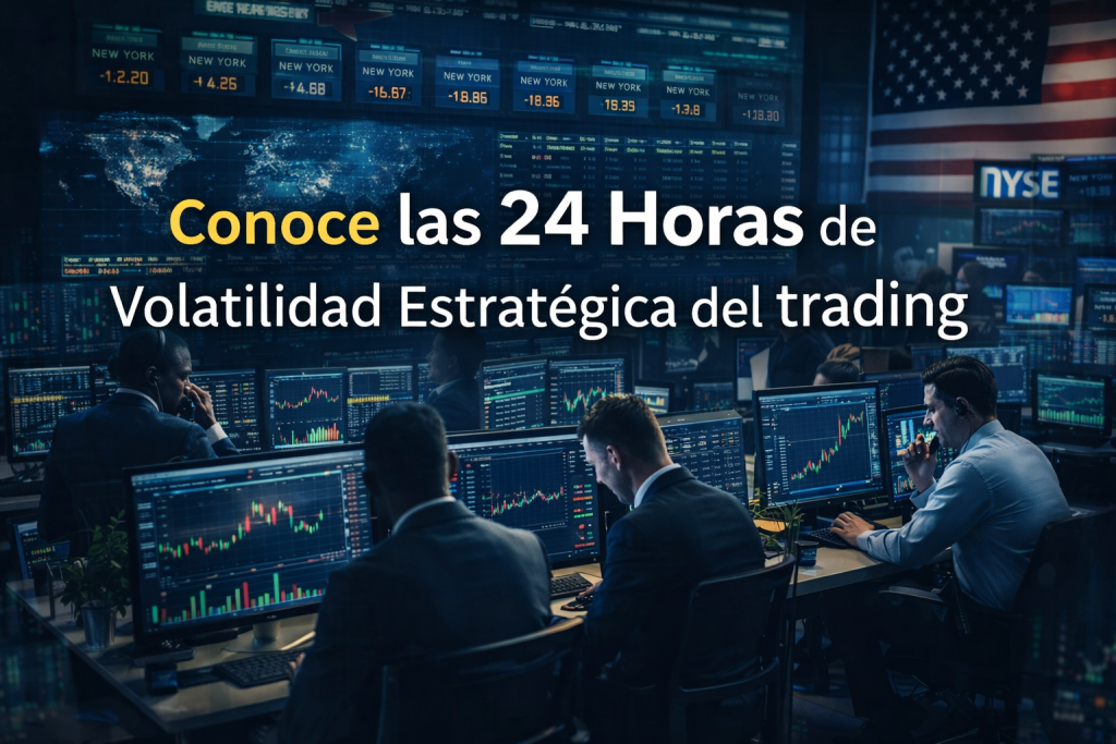 Conoce las 24 horas de volatilidad estratégica del trading en el mercado de futuros Oficina de trading institucional simulando la bolsa de Nueva York con ejecutivos analizando gráficos de mercado de futuros.