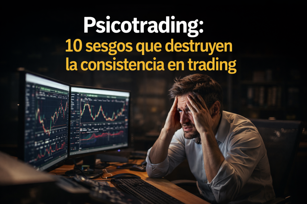 Psicotrading: 10 sesgos que destruyen la consistencia en trading Trader con expresión de angustia frente a pantallas de trading en oficina oscura representando los sesgos del psicotrading