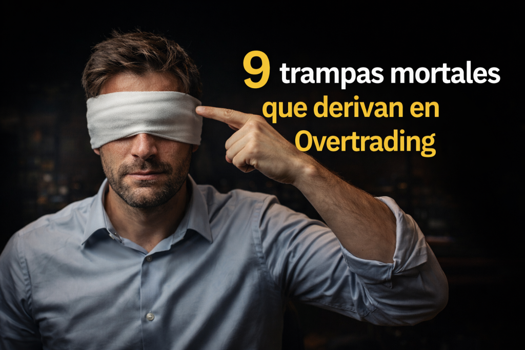 Psicotrading: 9 trampas mentales que explican el overtrading en traders modernos Trader de frente con los ojos vendados señalando su cabeza junto al título sobre overtrading y psicotrading