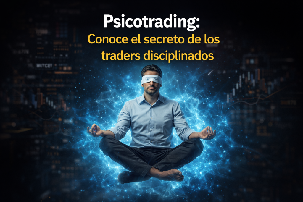 Psicotrading: conoce el secreto de los traders disciplinados Trader levitando en posición de yoga rodeado de energía azul como símbolo de disciplina mental en psicotrading