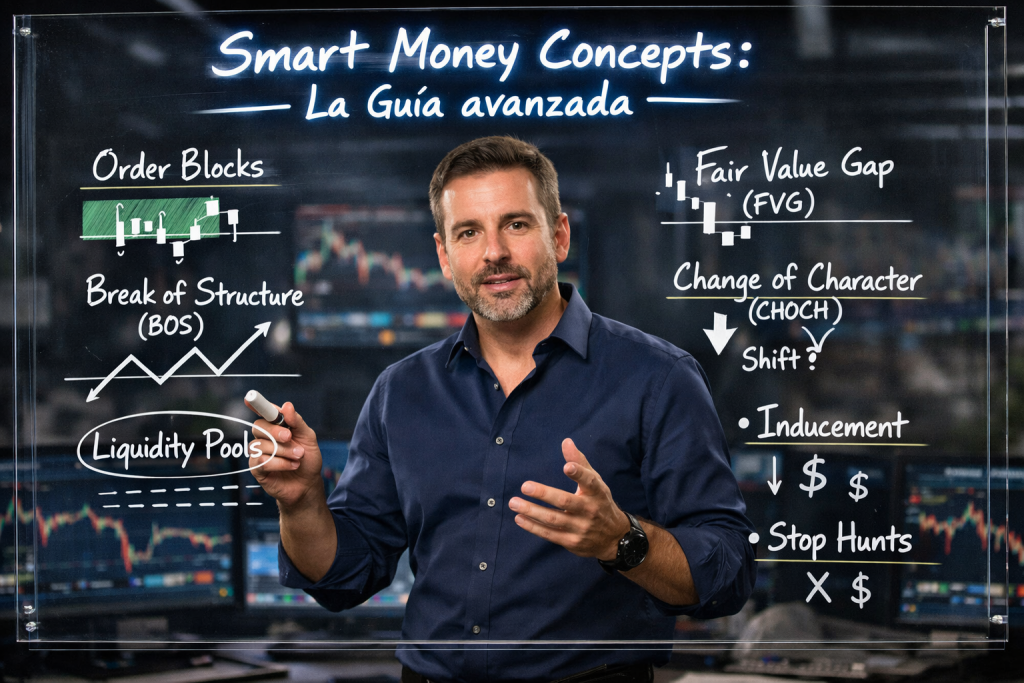 Smart Money Concepts explicado por un trader profesional con enfoque en liquidez institucional Trader experto explicando Smart Money Concepts frente a un tablero glass con conceptos como Order Blocks, BOS, Liquidity Pools y Fair Value Gaps