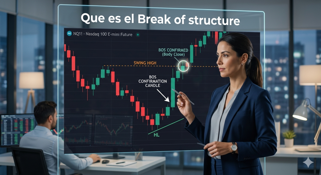 Gráfico técnico de SIOM Trading explicando la confirmación de un Break of Structure (BOS) Mujer analizando el break of structure del mercado en trading